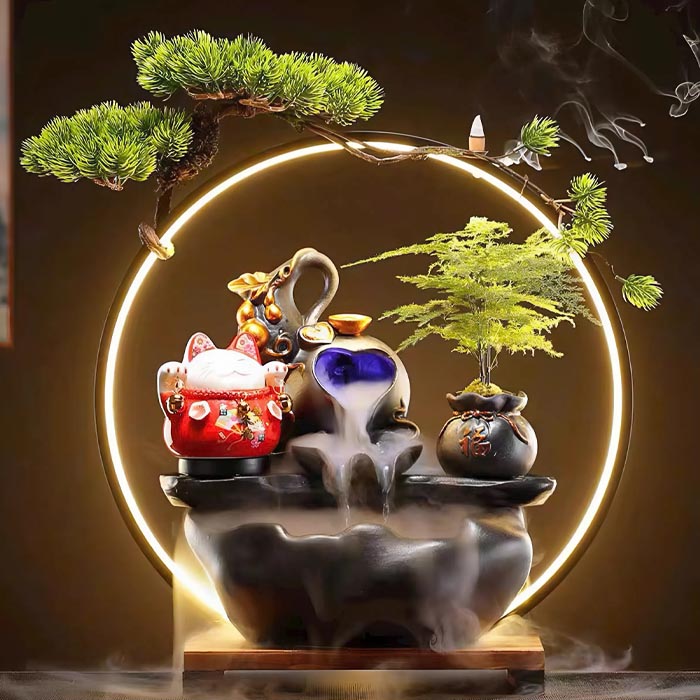 Thác Nước Phong Thủy Mèo Thần Tài Tiết Kiệm Maneki Neko